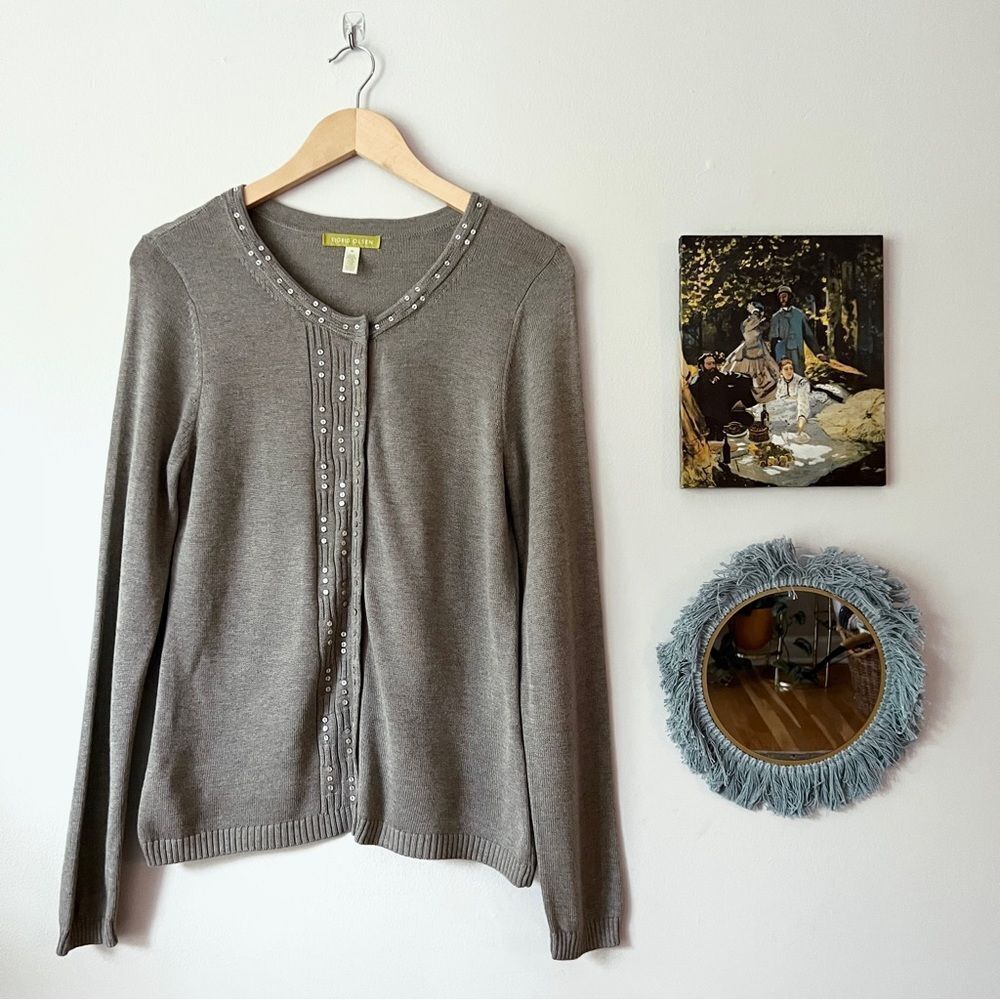 Sigrid Olsen Sage Green Sequin Button Cardigan